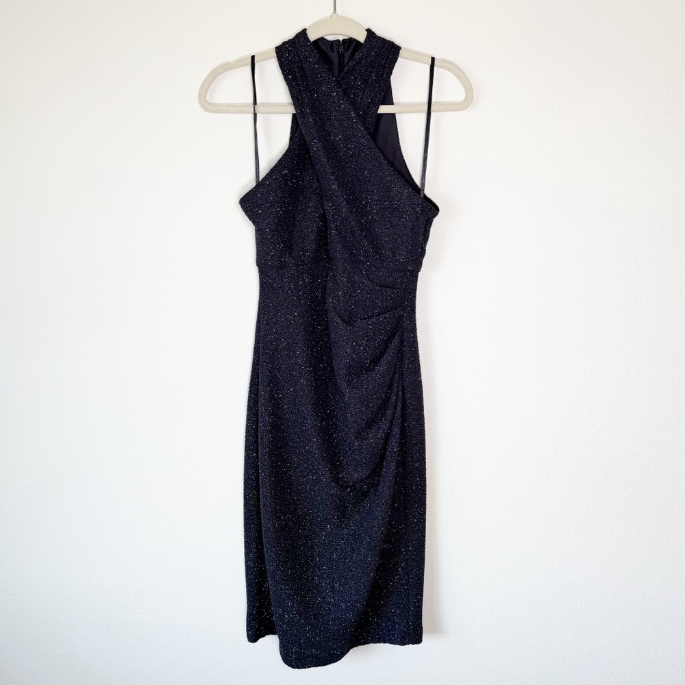 Eliza J Shimmer Black‎ twist halter ruched mini dress size 2 - Picture 3 of 10